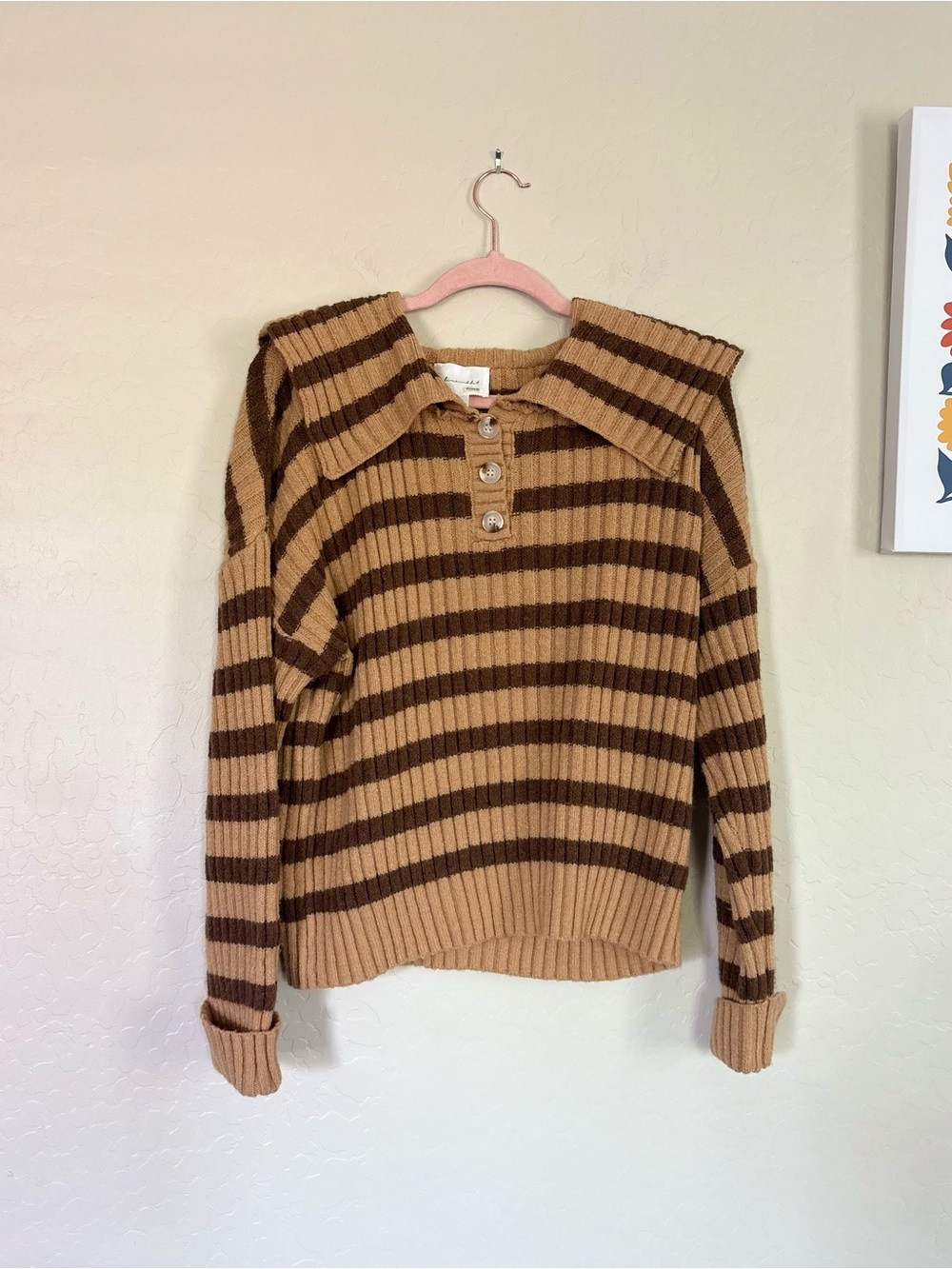 Line & Dot Striped Rugby Sweater Tan Brown Collared Henley M Academia Preppy